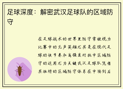 足球深度：解密武汉足球队的区域防守