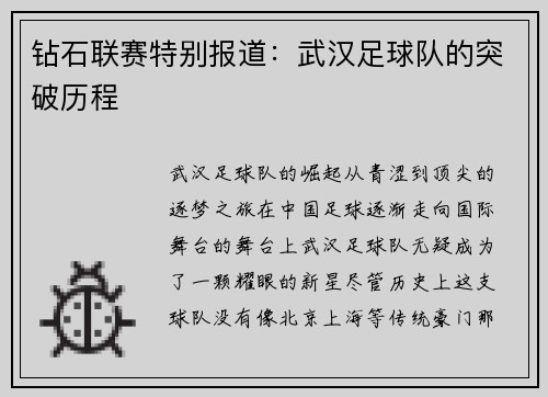 钻石联赛特别报道：武汉足球队的突破历程
