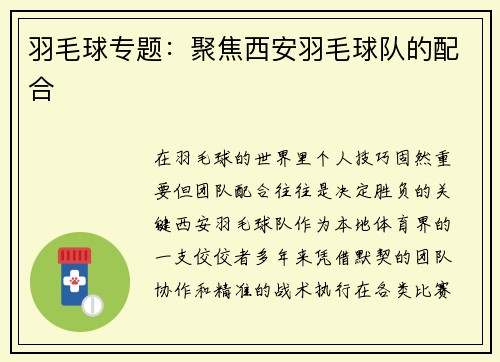 羽毛球专题：聚焦西安羽毛球队的配合