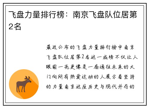 飞盘力量排行榜：南京飞盘队位居第2名